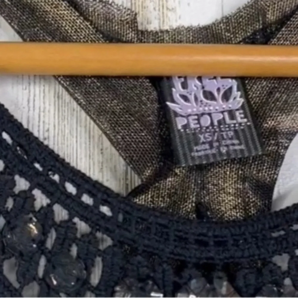Free People Embellished Sheer‎ Metallic Racerback Tank Top Black Gold Rhinestone